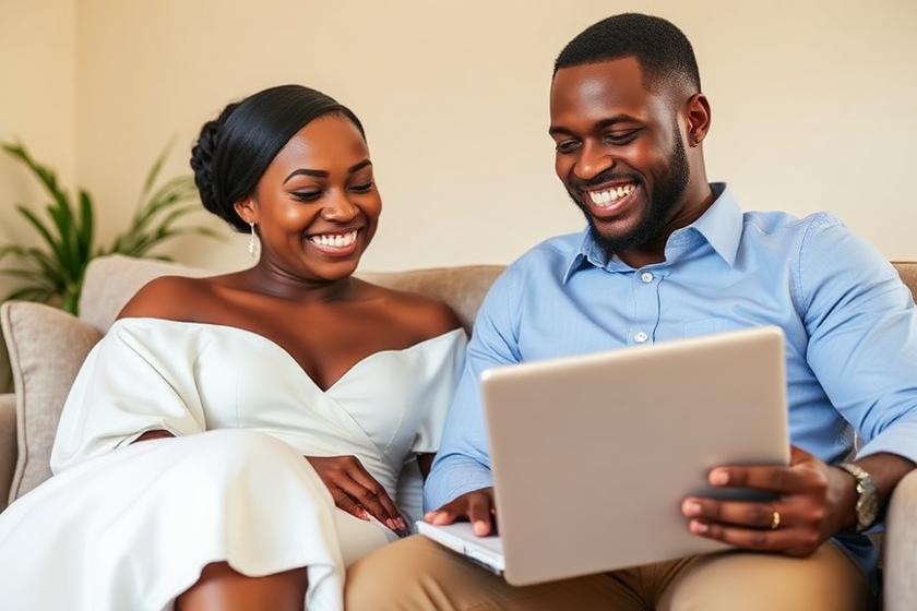 Couple souriant qui consulte ses confirmations