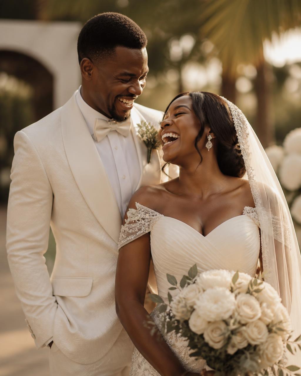 Mariés africains riant ensemble le jour de leur mariage